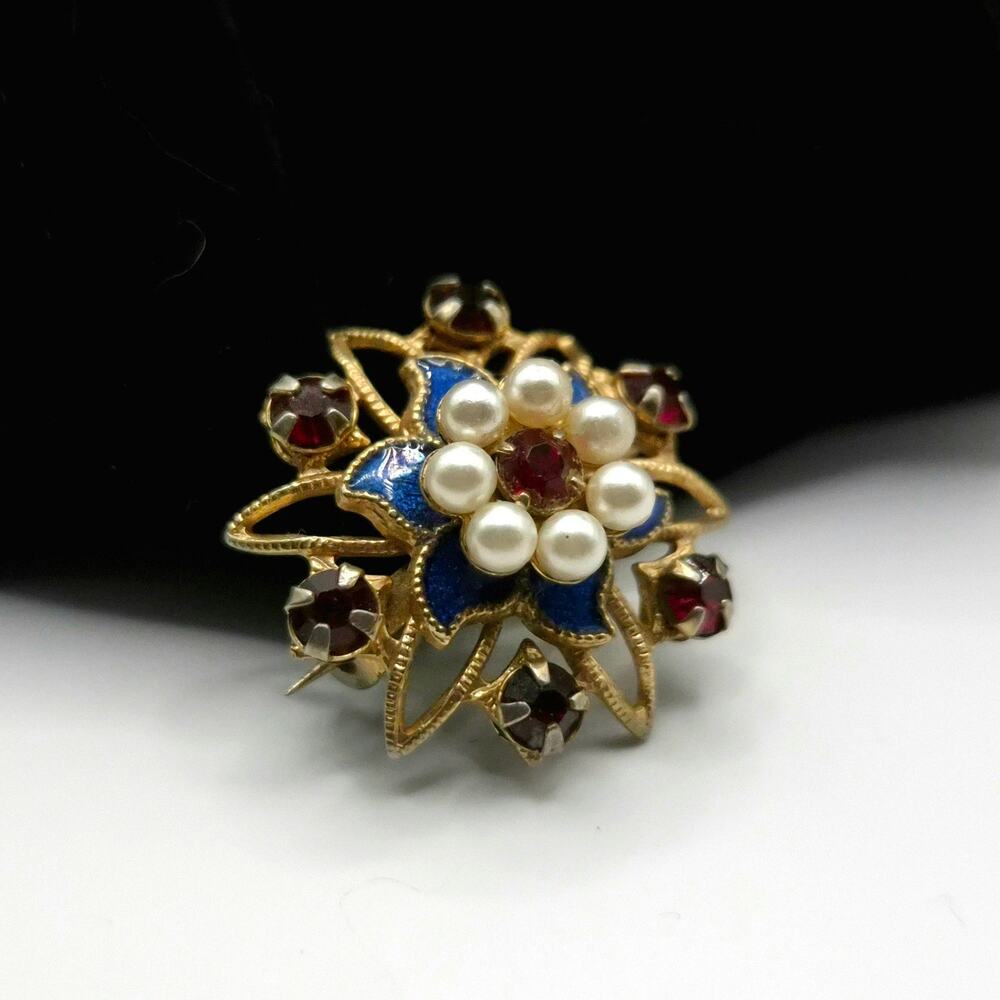 Vintage Brooch Pin Gold Tone Blue Enamel Red Rhinestone Faux Pearl Scatter 1 In